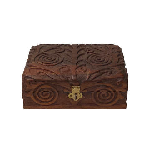 scroll pattern wood box - asian small wood carved jewelry chest