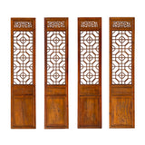chinese geometric 4 screen panel - asian brown flower pattern room divider - asian open panel screen floor 