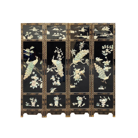 Chinese black lacquer screen - Green stone peacocks theme floor divider - Chinese room divider