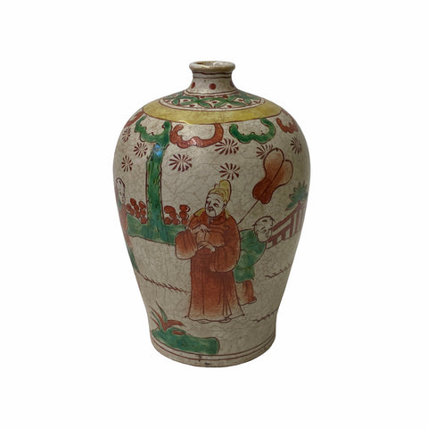 chinese people scenery vase - tan beige color vase - chinese pottery vase