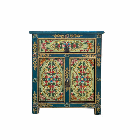 Tibetan end table - teal blue green flower nightstand - Asian flower graphic side table