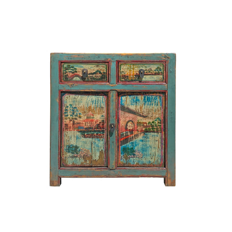 old chinese cabinet - turquoise blue side table - asian scenery credenza