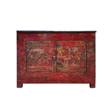 vintage distressed graphic sideboard - asian brick red console table - oriental old style credenza table