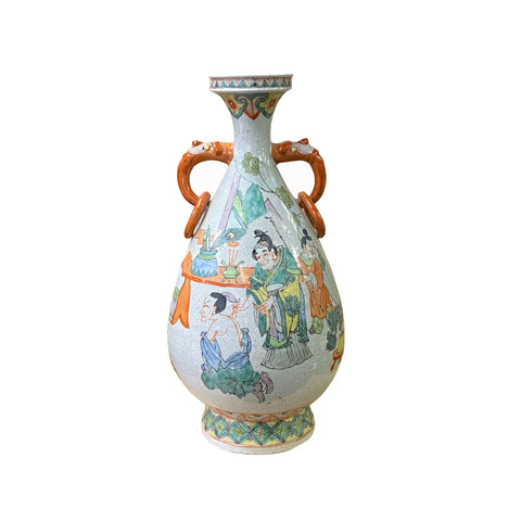 oriental people graphic ceramic vase - asian pottery vase accent - Vintage Chinese colorful graphic vase