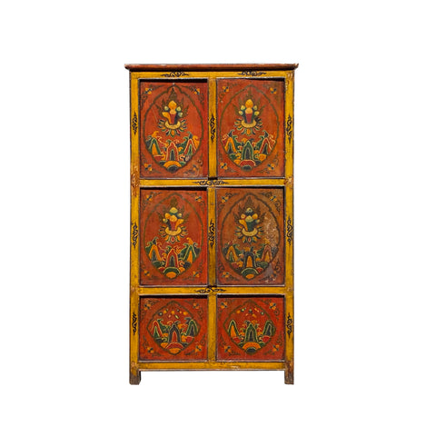 vintage tibetan style graphic tall cabinet - asian color flowers painting cabinet - orange yellow accent cabinet