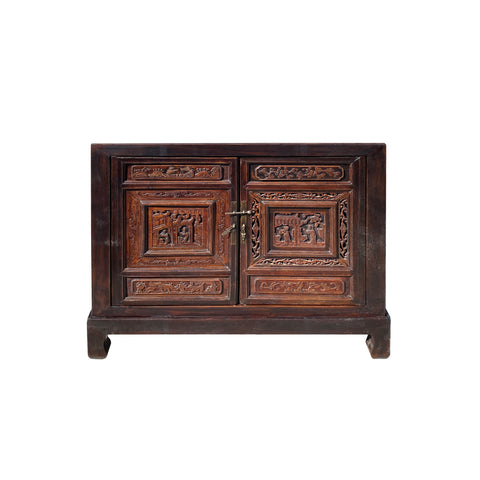 oriental carving panel doors low cabinet  - Asian brown old panel doors tv console cabinet