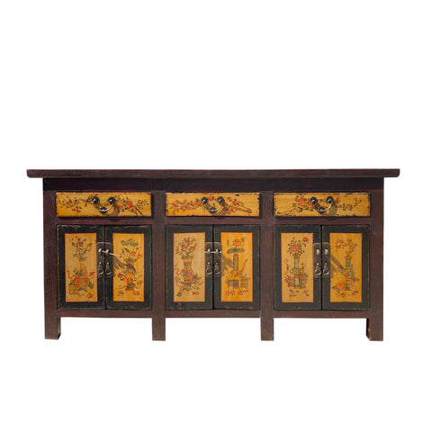 chinese brick red brown console cabinet - oriental flower vases graphic sideboar - Asian credenza cabinet