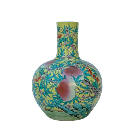 chinese yellow base green leaves fat vase - oriental pink peach porcelain vase