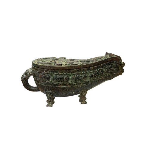 green bronze vessel art - asian vintage metal ancient display 