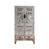 chinese off white carving armoire - asian white storage cabinet - scenery carving wardrobe dresser
