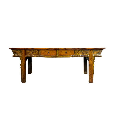distressed orange lacquer console table - vintage rustic long foyer table - 