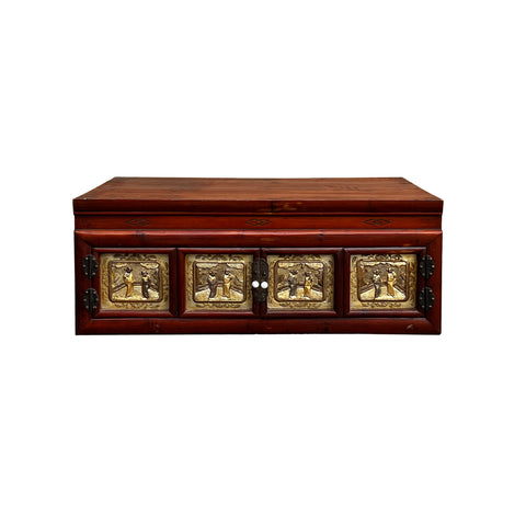Golden carving low chest - Chinese vintage shrine chest - old cabinet storage table