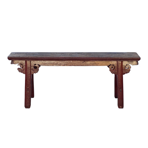 oriental rustic bench - asian narrow slim long bench - Chinese brick red bench
