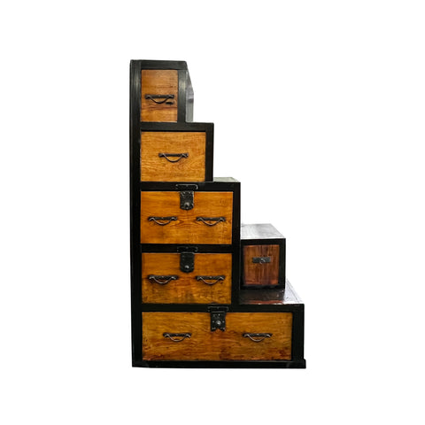 vintage restored step cabinet - old rustic narrow tansu cabinet 