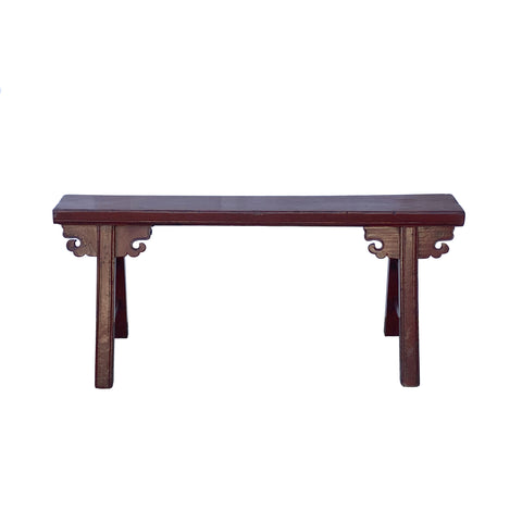 Chinese slim wood bench - oxblood red brown wood bench - narrow double seat village bench