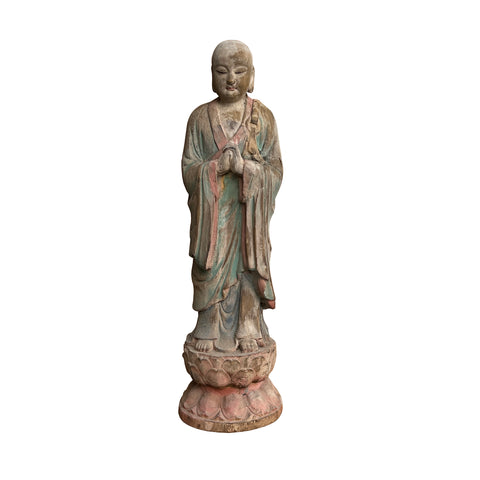 wood standing monk statue - asian buddhist lohon statue - 