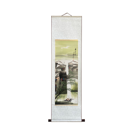 waterside village scroll painting - oriental vertical scroll color ink painting