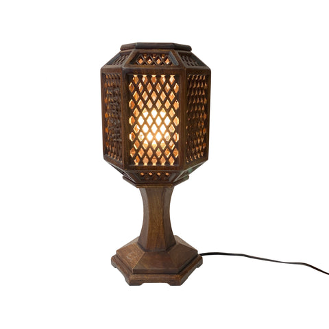 Chinese Hauli Wood Hexagon Shape Shade Carving Table Lamp cs5298S