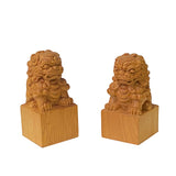 Chinese Pair Wood Carved Mini Foo Dogs Lions FengShui Figures ws2382S
