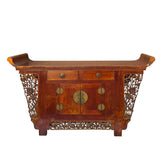 Chinese Rustic Brown Vintage Point Edge Flower Apron Console Cabinet cs7305S