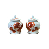 Pair Small Oriental Ceramic White Base Orange Foo Dog Temple Jars ws2597S