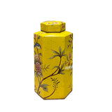 Bright Yellow Hexagonal Porcelain Flower Birds Graphic Vase Jar ws2651S