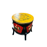 Chinese Tibetan Black Red Floral Graphic Round Drum on Stand cs7439S