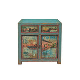 Chinese Distressed Turquoise Blue Old Graphic Credenza Cabinet cs7312S