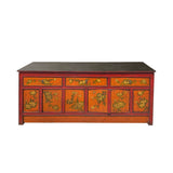 Chinese Tibetan Orange Red Yellow Flower Graphic Low TV Console Table cs7317S