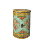 Distressed Chinese Tibetan Drum Shape Turquoise Crackle Floral Side Table cs7518S