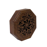 Small Brown Wood Octagonal Carving Storage Accent Box ws2647S