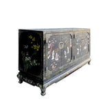 Vintage Chinoiseries Black & Stone Inlay Graphic Sideboard Cabinet cs7527S