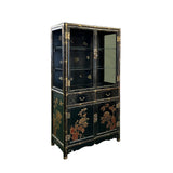 Chinoiseries Black Golden Graphic Glass Display Bookcase Curio Cabinet cs7568S