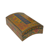 Chinese Distressed Yellow Brown Flower Graphic Rectangular Curved Shape Box ws2347S