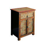 Distressed Red Orange Beige Tibetan Floral End Table Nightstand cs7573S