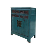 Chinese Vintage Carving Panel Tall Credenza Blue Storage Cabinet cs7515S