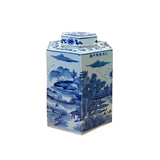 Chinese Blue & White Porcelain Trees Scenery Hexagon Jar Container ws2754S