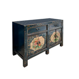 Chinese Distressed Dark Teal Blue Flower Graphic Credenza Cabinet cs7512S