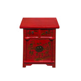 Chinese Rustic Bright Red Golden Graphic End Table Nightstand cs7335S