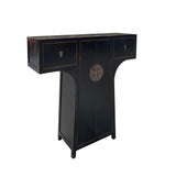 Chinese Moon Face T-Shape Black Lacquer Drawers Side Table Cabinet cs7478S