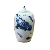 Lot of 2 Blue White Small Foo Dogs Graphic Porcelain Point Lid Jars ws2515S