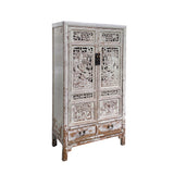Chinese Distressed Off White Relief Carving  Armoire Storage Cabinet cs7463S