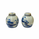 Pair Blue White Mini Oriental Graphic Porcelain Ginger Jars ws950S