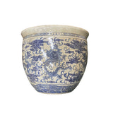 Chinese Off White Cream Crackle Blue Dragons Graphic Porcelain Pot Planter cs7550S