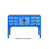 Bright Blue Lacquer Golden Flower Graphic Drawers Slim Foyer Side Table cs7145S