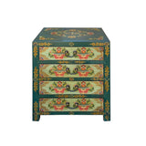 Distressed Teal Green Blue Flowers Graphic 4 Drawers End Table Nightstand cs7357S