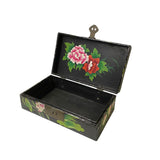 Rectangular Black Lacquer Box w Chinese Mythical Pig Deity Play Graphic ws1552S
