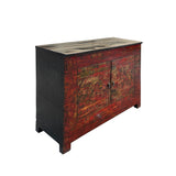 Chinese Vintage Brick Red Distressed Flower Graphic Side Table Cabinet cs7473S