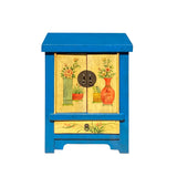 Chinese Rustic Bright Blue Yellow Graphic End Table Nightstand cs7355S