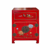 Chinese Red Vinyl Moon Face Flower Birds End Table Nightstand cs7132S